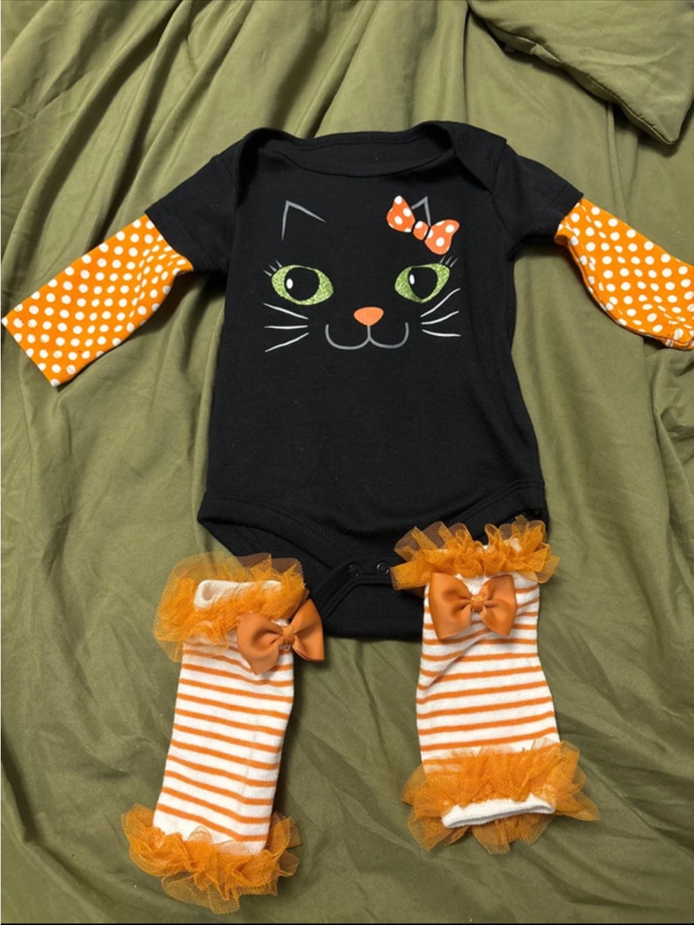 Black and Orange Halloween Cat One-Piece Bodysuit for Kids